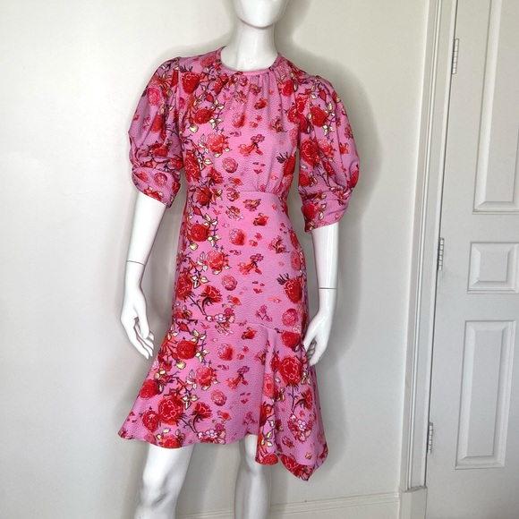 PETER PILOTTO Asymetrical Drop Waist Floral Dress Peony Size 8 Handkerchief Hem - Picture 4 of 13